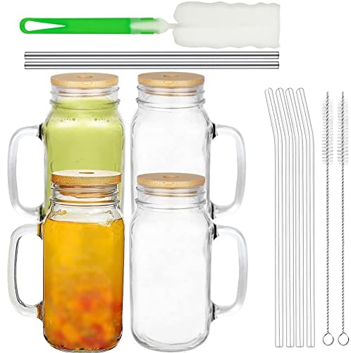 4 Pack Drinking Glasses Set with Handle,24oz Iced Coffee Cups with Bamboo Lids and Glass Straws Can Shaped Glass Cups,Drinking Glasses, Pint Glasses for Smoothies,Tea,Cola,Juice,Soda(4 Pack)