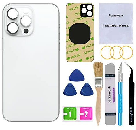 Perzework Repuesto de cristal trasero OEM para iPhone 14 Pro Max de 6.7 pulgadas con kit de herramientas de reparación (plateado)