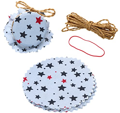 MamboCat 10er Marmeladendeckchen Sterne blau rot Ø 14 cm + 1 Fixiergummi + 4 m Schnur I passend für Einmachgläser bis max. Ø 7 cm I Einmachgläser I Geschenkverpackung I Stoffdeckchen