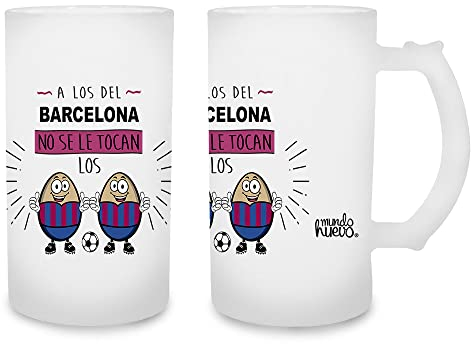 Jarra de cerveza A los del Barcelona no se le tocan los huevos. Cristal esmerilado de primera calidad AAA. 80 x 150 mm. 500 ml