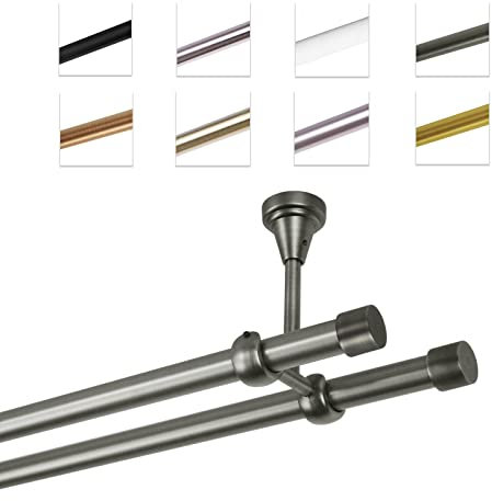 MDEKOR Gardinenstange 140 cm 2-läufig | Vorhangstange für die Deckenmontage Silber Grau aus Metall | Gardinenstangenset Ø 19mm