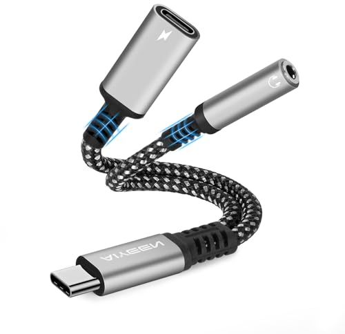 Adaptador de Cargador y Auriculares USB C 2 en 1 a 3,5 mm, Puerto de Carga rápida USB C PD 3.0 a Conector de Audio Auxiliar y Carga rápida de 60 W Compatible con Google, Samsung (Gris)