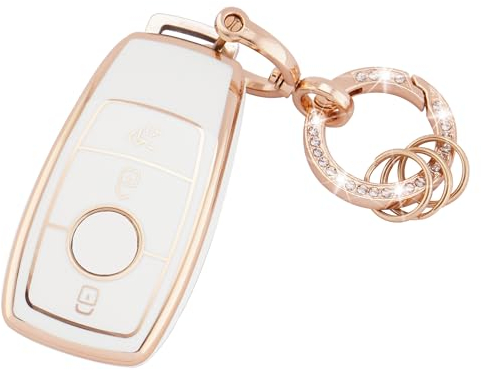 Koaudb Coque de clé de voiture pour Mercedes Benz, 3 boutons en TPU souple avec porte-clés Bling pour Mercedes Benz A B C E G S SL CLS Classe AMG Smart Key Fob Case (R-Bz-3L-W)