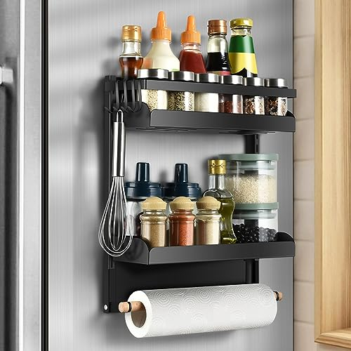 aceyoon Etagere Magnetique Frigo, Multifonction Etagere Epice Magnétique Puissant, Rangement Cuisine Gain de Place avec Porte Sopalin et 4 Petit Crochets pour Réfrigérateur, Machines à Laver (Noir)