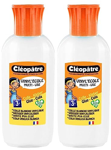 CLEOPATRE – Colle blanche vinylique au format de 100gr rechargeable – Lot de 2 flacons – Idéal pour l’école et le bricolage