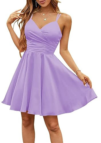 HPPEE Short Prom Party Dresses Pleats V Neck Sleeveless Cold Shoulder Spaghetti Straps Homecoming Gowns for Women with Pockets Lilac UK16