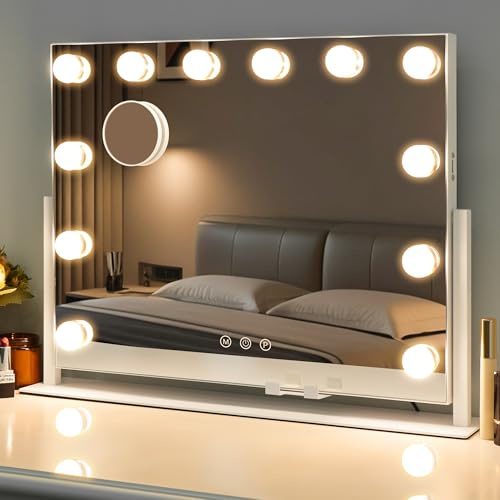 LuxeVue Makeup Mirror with Lights, HD Vanity Mirror with 3 Color Modes, Touch Sensor, 360 Rotatable Metal Frame, Detachable 3.5 10X Magnifying Mirror, White Gift-Ready for Her or Bedroom