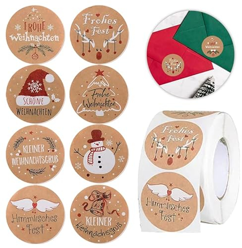 Aufkleber Weihnachten, 500 Stück Weihnachtsaufkleber 4cm Rund Selbstklebend Etiketten mit Frohe Weihnachten Motiven für Geschenkverpackungen Party Dekoration Umschlag Geschenktasche