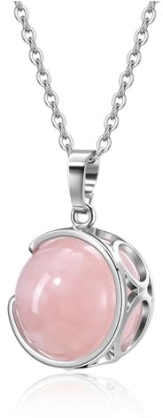 Jovivi Natural Rose Quartz Crystal Healing Stone 18mm Rotatable Pink Gemstone Ball Pendant Necklace Women Reiki Spiritual Jewellery Gifts for Her Christmas Birthday
