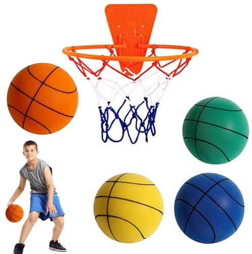 Silent Basketball Mit Basketballkorb, Lautloser Basketball Dribbling Indoor,Leiser Basketball Easy to Grip, High Density Elastic Mute Bouncing Ball for Various Indoor Activities,Number 3,Green