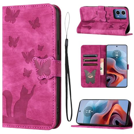 LSPCASA Housse Protection pour Motorola Moto G34 6.5 Pouces Matériau en Cuir PU Coque Motorola G34 avec Fentes pour Cartes Étui Motif Papillon Chat Coque Motorola Moto G34 Rose