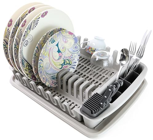 DIVCHI Dish Drainer Plastic Dish Drying Rack Sink Drainer With Cutlery Cup Utensil Holder For Kitchen Counter (Light Gray)