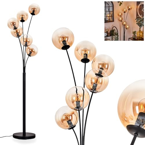 Stehleuchte Gastor, Stehlampe aus Metall/Glas in Schwarz/Bernstein/Klar, Leuchte im modernen Retro/Vintage-Design mit Schirmen aus Glas (Ø 15cm) u. Fußschalter, Höhe 168cm, 6 x E14, ohne Leuchtmittel