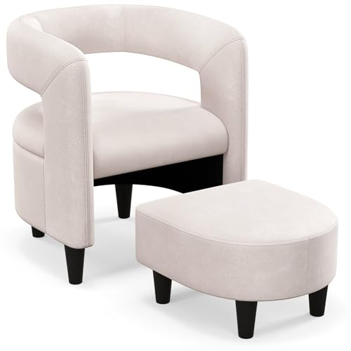 COSTWAY Relaxsessel mit Hocker, Sessel Wohnzimmer, gepolsterter Akzentsessel Samt mit offener Rückenlehne & Massivholzrahmen, Clubsessel Lesesessel für Wohnzimmer Schlafzimmer Büro Balkon(Beige)