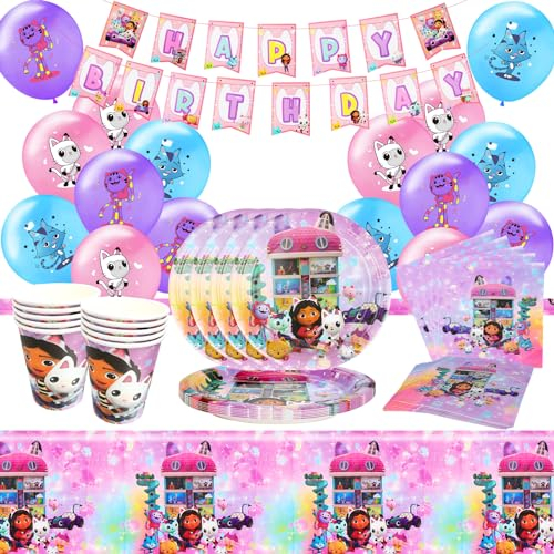 Vaisselle de Fête D'anniversaire, 60Pcs Chat Decoration Anniversaire, Ensemble de Décoration de Fête cartoonDécorations D'anniversaire pour Garçons et Filles