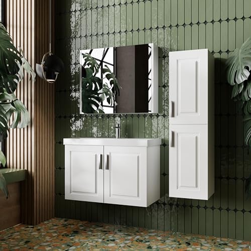 KAREN banyo Badmöbel Set Arin 60 Weiß | Keramikwaschbecken | Unterschrank | Spiegelschrank | Softclose-Türen & Chromgriffe | Landhausstil | Badezimmer Möbelset Waschbeckenunterschrank Waschtisch