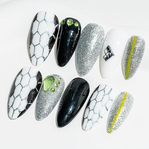 Sun&Beam Nails Handgefertigte Kunstnägel Mittel Lang Mandel Nägel zum Aufkleben in Schwarz Weiß Silber Schlange Glitzernd Y2K Design mit Klebepads 10 Stück (#018 S)