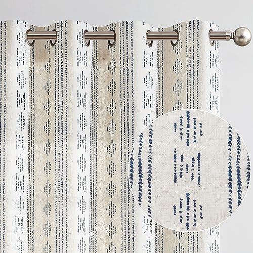 Vangao Boho Leinen Gardinen Halbtransparent Vorhänge Mit Ösen Für Wohnzimmer Schlafzimmer Geometrische Streifen Vorhang Für Privatsphäre Bauernhaus Vorhänge 2er Set 140x175cm Blau auf Beige