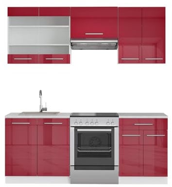 Vicco Küchenzeile Fame-Line, Bordeaux Hochglanz/Weiß, 200 cm, AP Anthrazit