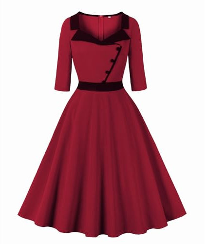 Wellwits Women's Collared Button 3/4 Sleeves 1940s Vintage Dress Wine M