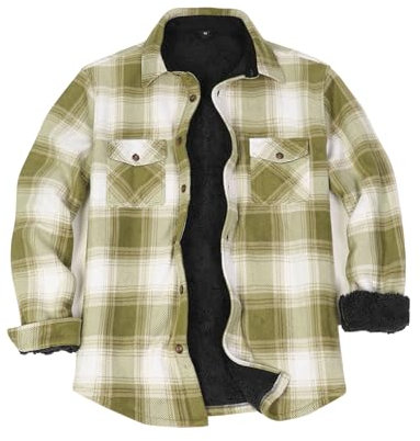 ZENTHACE - Camicia giacca da uomo in flanella foderata in caldo pile Sherpa, a quadri (interamente foderata in pile Sherpa), L