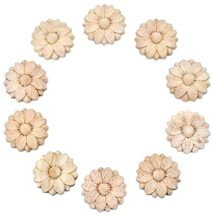 10 rosette in legno non finite piccole applique decorative (diametro: 3 cm, non verniciate, rotonde, intagliate con fiori, decalcomanie artigianali per cassettiere, armadietti, comò, letto, parete
