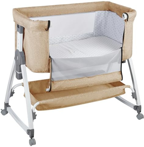 HUOLE Beistellbett, 2 in1 Baby Bett ab Geburt bis 25 kg, Zustellbett 6 Höhenverstellung, mit Matratze/Faltbare Seitenwand/Räder, Netzgewebe Kinderbett-80 * 40 * 100-115cm – gebrochenes Weiß