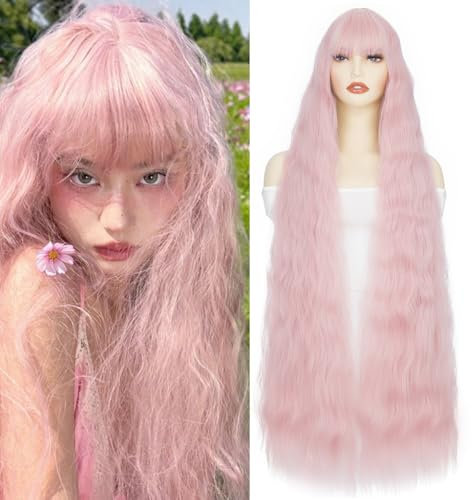 PARXITN Parrucca sintetica extra lunga 100 cm con frangia di mais riccia rosa Lolita parrucca per donne cosplay party Halloween costume parrucca