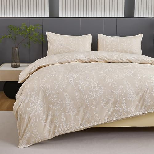 Jemiipee Bettwäsche 200x200 cm Beige, Bettwäsche-Set mit Blumenmuster, Bettbezug 200 x 200 Kissenbezug 80x80, Deckenbezug Wendebettwäsche Weich mit Reißverschluss