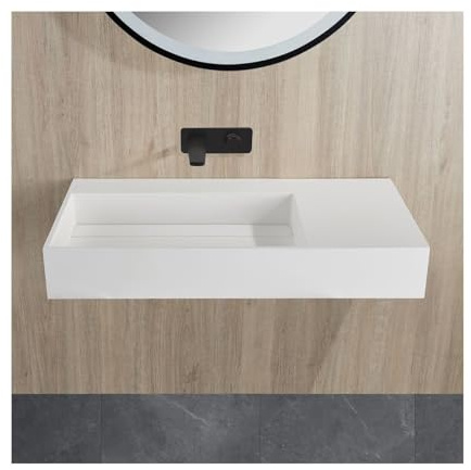 Fino Stone Cantabria Matt White Sloped Wall Hung Basin – 900mm Luxury with Flat Side Storage for a Modern Designer Bathroom Experience