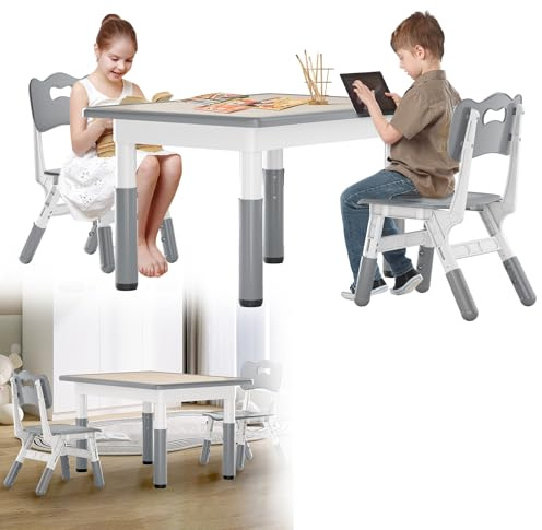HENGMEI Kindertisch 2 Stühlen Set, Plastik Schreibtisch Spieltisch Kinderzimmer Möbel, Höhenverstellbar Kinder Tisch Stuhl Set, Sitzgruppe Innen für Kleinkinder, Mädchen und Jungen, Grau (80x60cm)