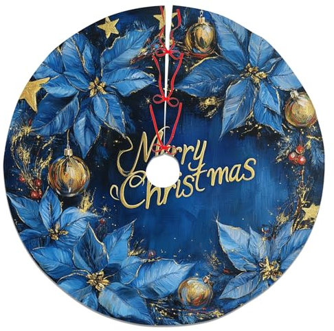Falda azul para árbol de Navidad con adornos dorados, decoración festiva para decoración del hogar de invierno, estilo de corona de Pascua, Navidad para uso en interiores y exteriores, 36 pulgadas