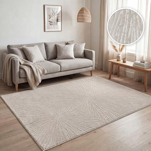 Paco Home Teppich Wohnzimmer Kurzflor, Moderne geometrische abstrakte Muster, 3D-Effekt, Regenbogen und Karo Design, glänzend luxuriös Ton in Ton, Farbe:Beige - Abstrakt, Grösse:230x320 cm