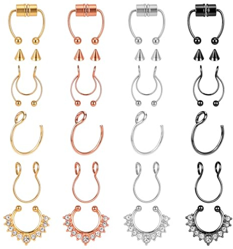 20 Stück Fake Septum Piercing Nasenring Magnetisch Septum Ring Hufeisenringe Chirurgenstahl Nostril Nasenring Hoop Clip-On Nase Lippe Ring Strass Helix Piercings Schmuck für Damen Herren
