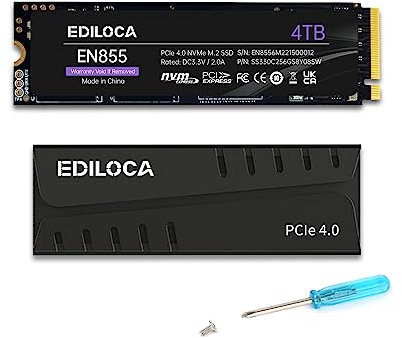 Ediloca Disco Duro Interno para Videojuegos con disipador de Calor, 4 TB hasta 7400 MB/s, PCIe Gen4, NVMe1.4 M.2 2280, 3D NAND TLC, Unidad Interna de Estado sólido, 4 GB de caché de Memoria caché de