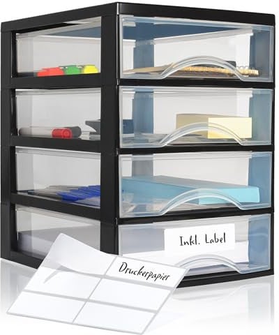 Hausfelder Schubladenbox A4, Box mit 4 Schubladen aus Kunststoff inkl. Aufkleber, Organizer für Büro, Schreibtisch, Ablage, stapelbar und transparent