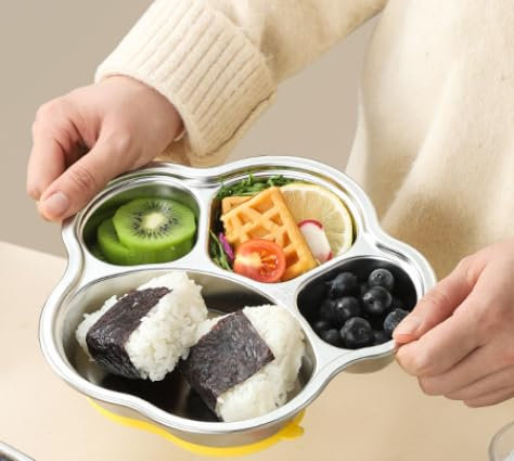 Naapesi Assiette Ventouse pour Bébé, Antidérapante Plateau Repas Enfant, Assiette Inoxydable Bebe, 3 Compartiments, avec Fourchette et Cuillère, pour Maison, Ecole