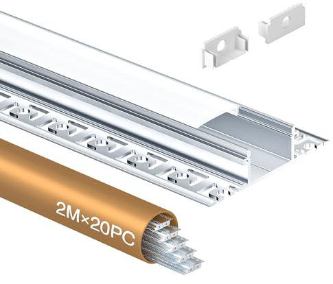 LED Trockenbauprofil 2m x 20 Stück und strip Profil Unterputz, Schiene aus Eloxiertem LED Aluminiumprofil, Kanal für Streifen bis 20mm, Diffusor für Gleichmäßige Lichtverteilung (20×2Meter)