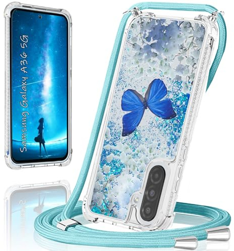 XCYYOO Handykette für Samsung Galaxy A36 5G Hülle mit Band,Handyhülle für Samsung A36 5G Glitzer Schmetterling mit Kette TPU Bumper Kratzfest Transparent Stoßfest Schmetterling Schutzhülle mit Kordel