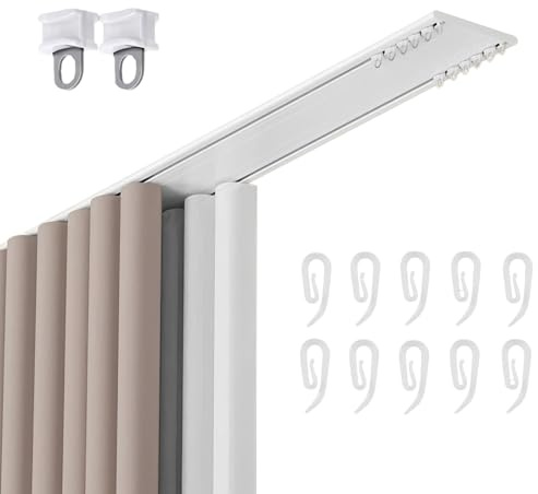 Vorhangschiene Aus Aluminium Gardinenschiene Mit Umlenkrolle Und Haken 2-läufig Ultradünn Dicke 6mm Für Schlafzimmer, Wohnzimmer(White,550cm(216.0in))