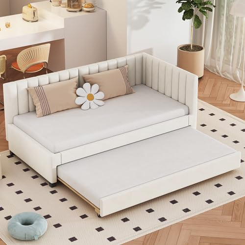 Generisch TOBIDOEN Polsterbett Sofabett 90x200 mit Ausziehbett, Schlafsofa mit Lattenrost, Kopfteil und Rückenlehne, L-förmiges Sofa mit Schlaffunktion, Tagesbett Daybed in Samtstoff, C(Beige)