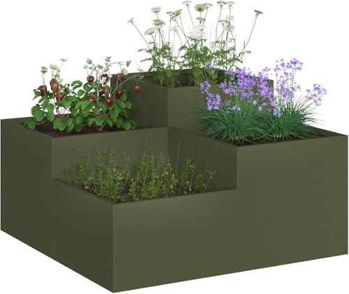 Fioriera in metallo in acciaio, moderna finitura verde oliva opaca, grande 100 x 100 x 48 cm, vaso quadrato da giardino per interni ed esterni, balcone con fondo aperto, facile da montare
