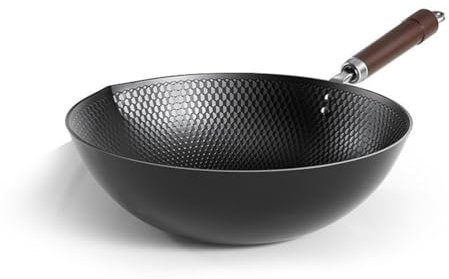 NQYZZFA Carbon Steel Wok Pan with Embossed Surface Woks Wok Non Stick No Chemical Coated/Wooden Handle/Flat Base Pan for 4-6 People, for Induction Gas and Electric Stoves,32cm