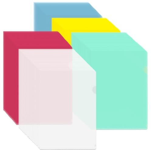 SYUTBOU 100 Stück Aktenhüllen A4, Dokumentenhüllen Kunststoff Bunt, 140µ Sichthüllen 5 Farben für Aufbewahrung von Papier, Mappen und Büro