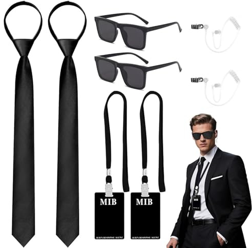 PUERFOCA Juego de 8 Agente Disfraz Accesorios, Kit De Traje De Guardia De Seguridad Servicio Secreto con Gafas de Sol Corbata Tarjetero Tubo para Auriculares, Espía Accesorios para Halloween Cosplay