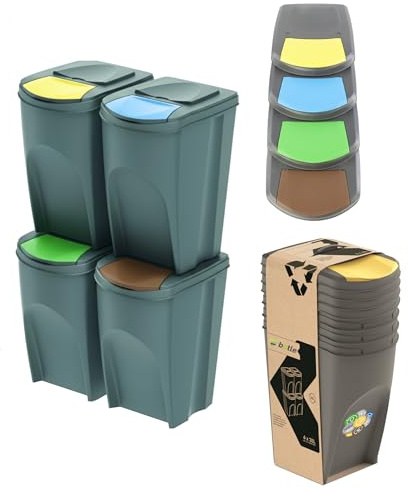 botle Mülleimer- 4er Set Mülltrennungssystem - Set aus 4x35L Abfalleimern in Grau Farbe zum Stapeln Kompakt Biomülleimer modulare und Licht Einfache Sortierung des Hausmülls Kunststoff