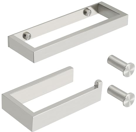 SAYAYO Brushed Toilet Roll Holder & Towel Rail, 4PCS Bathroom Accessory | 20CM Hand Towel Holder, 15CM Toilet Roll Holder Wall Mounted, and 2Pcs Coat Hooks for Hanging, SUS304 Stainless Steel