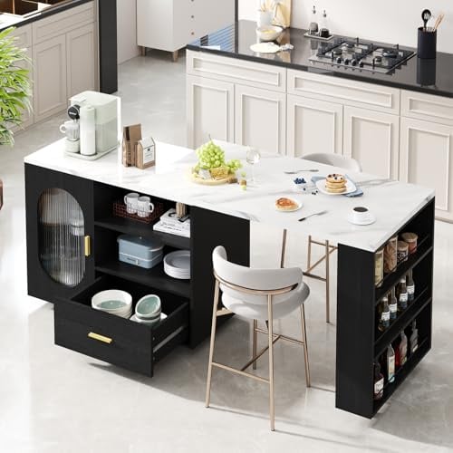 IBF Modern Kitchen Island on Wheels, Rolling Kitchen Trolley with White Faux Marble Worktop, Cabinet, Drawer, Shelves&Spice Rack, Farmhouse Mobile Cart for Living Dining Room, Bar, 184cm Black