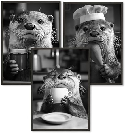 AVYLO - 3er Set Küchendeko Bilder mit Bilderrahmen Holz – A4 Otter Poster inkl. Rahmen Natur oder Braun – Lustige Wandbilder Küche, Esszimmer & Café – Wanddeko Fotos & Kunstdrucke Collage