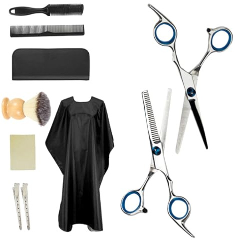 10 Stück Friseurschere aus Edelstahl für Haarstyling | Schneidekamm, Wipe Cloth Sheet, Apron, Beard Brush, Storage Bag, 2 Hair Clip